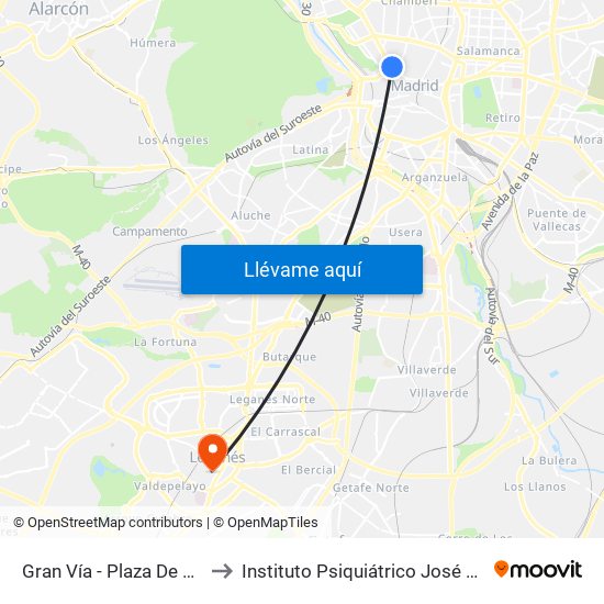 Gran Vía - Plaza De España to Instituto Psiquiátrico José Germain. map