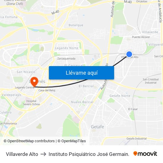 Villaverde Alto to Instituto Psiquiátrico José Germain. map