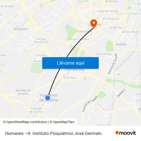 Humanes to Instituto Psiquiátrico José Germain. map