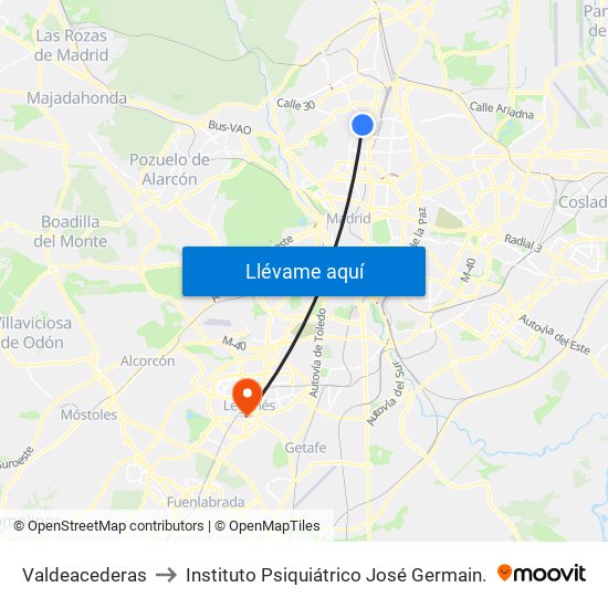 Valdeacederas to Instituto Psiquiátrico José Germain. map