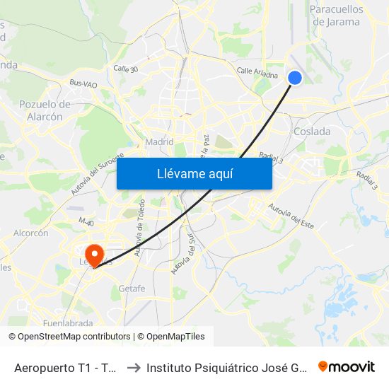 Aeropuerto T1 - T2 - T3 to Instituto Psiquiátrico José Germain. map