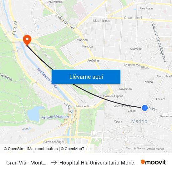 Gran Vía - Montera to Hospital Hla Universitario Moncloa map