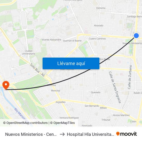 Nuevos Ministerios - Centro Comercial to Hospital Hla Universitario Moncloa map