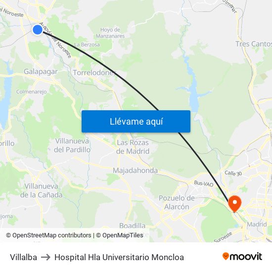 Villalba to Hospital Hla Universitario Moncloa map