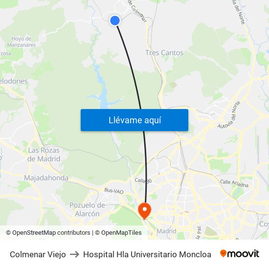 Colmenar Viejo to Hospital Hla Universitario Moncloa map