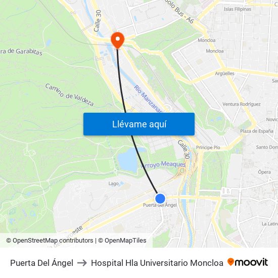 Puerta Del Ángel to Hospital Hla Universitario Moncloa map