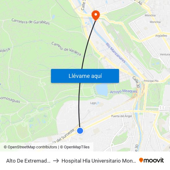 Alto De Extremadura to Hospital Hla Universitario Moncloa map