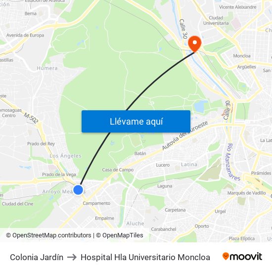 Colonia Jardín to Hospital Hla Universitario Moncloa map