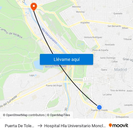Puerta De Toledo to Hospital Hla Universitario Moncloa map