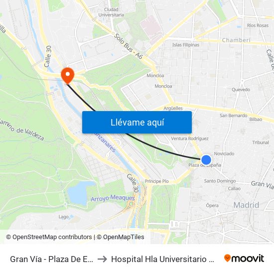 Gran Vía - Plaza De España to Hospital Hla Universitario Moncloa map