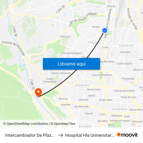 Intercambiador De Plaza De Castilla to Hospital Hla Universitario Moncloa map