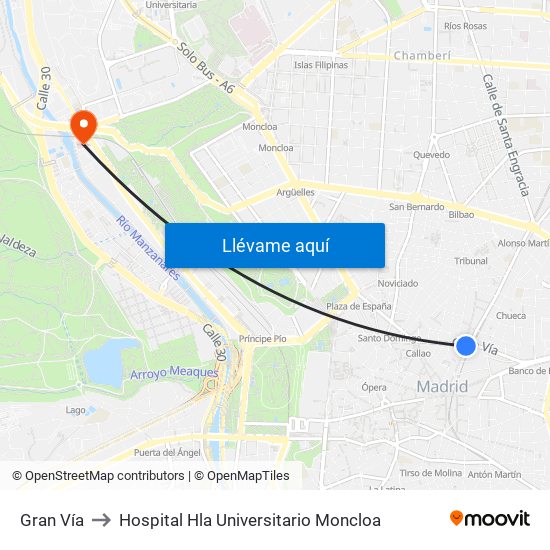 Gran Vía to Hospital Hla Universitario Moncloa map
