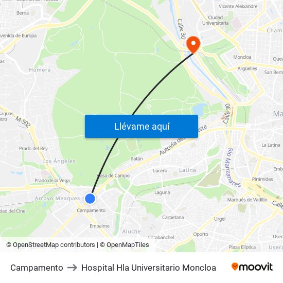 Campamento to Hospital Hla Universitario Moncloa map