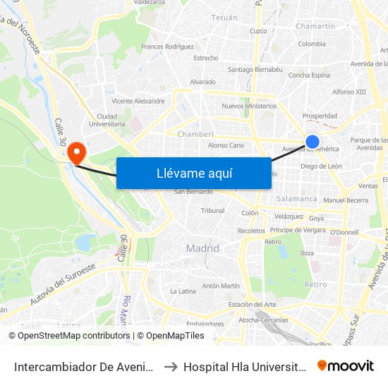 Intercambiador De Avenida De América to Hospital Hla Universitario Moncloa map