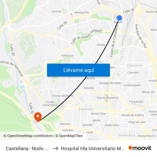 Castellana - Nudo Norte to Hospital Hla Universitario Moncloa map