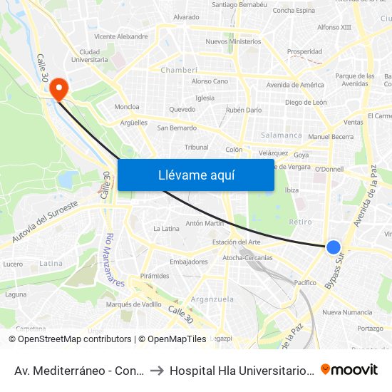 Av. Mediterráneo - Conde Casal to Hospital Hla Universitario Moncloa map