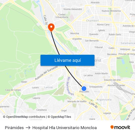 Pirámides to Hospital Hla Universitario Moncloa map