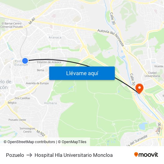 Pozuelo to Hospital Hla Universitario Moncloa map