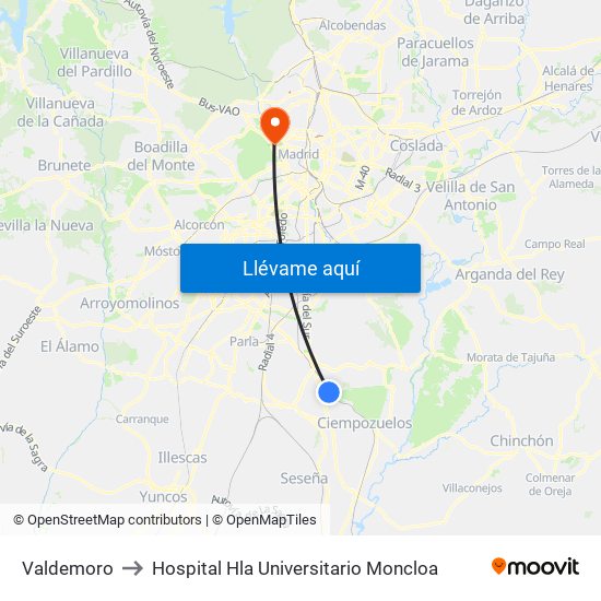 Valdemoro to Hospital Hla Universitario Moncloa map