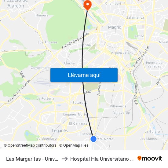 Las Margaritas - Universidad to Hospital Hla Universitario Moncloa map