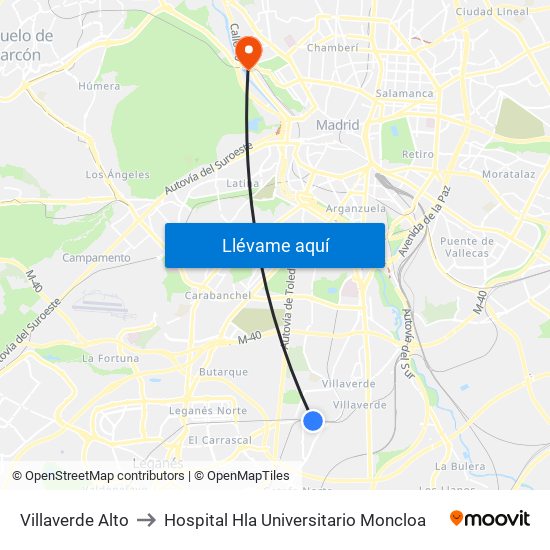 Villaverde Alto to Hospital Hla Universitario Moncloa map