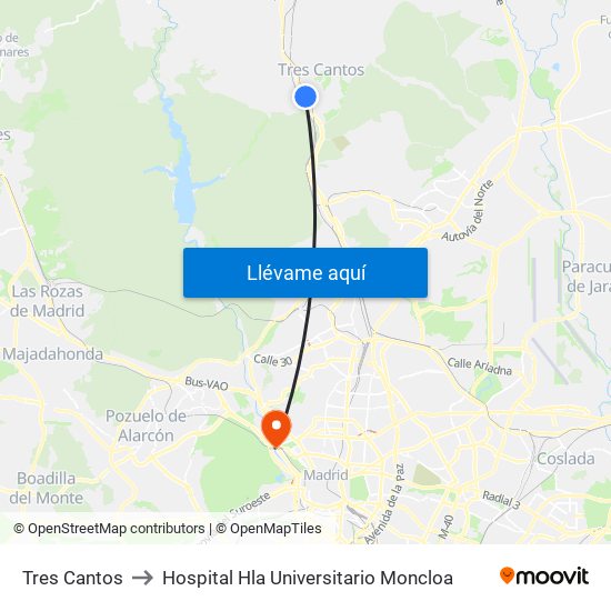 Tres Cantos to Hospital Hla Universitario Moncloa map