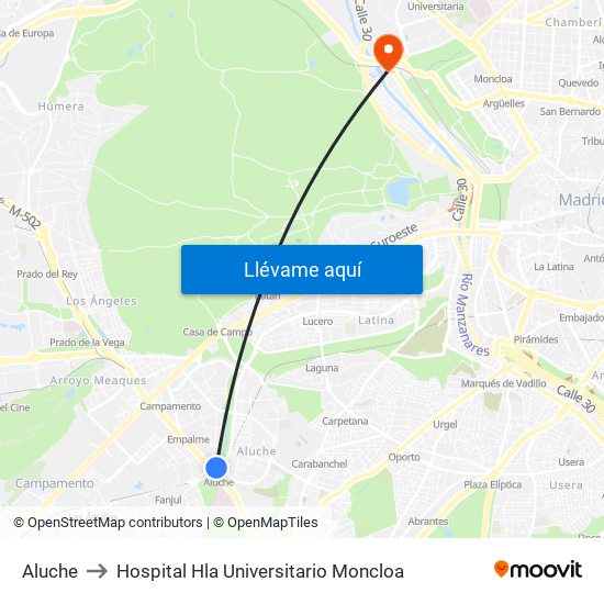 Aluche to Hospital Hla Universitario Moncloa map