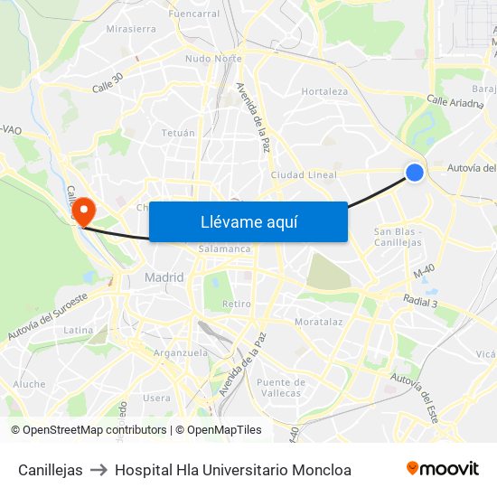 Canillejas to Hospital Hla Universitario Moncloa map