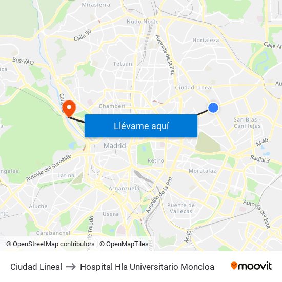 Ciudad Lineal to Hospital Hla Universitario Moncloa map