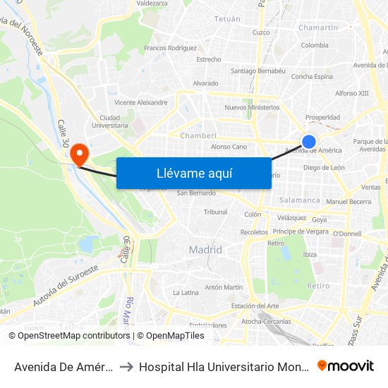Avenida De América to Hospital Hla Universitario Moncloa map
