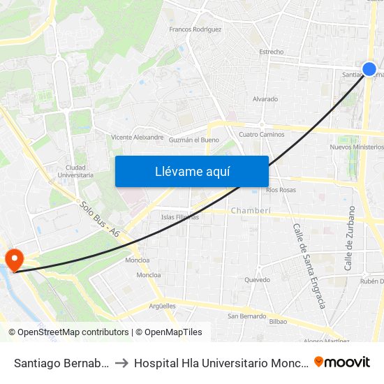 Santiago Bernabéu to Hospital Hla Universitario Moncloa map