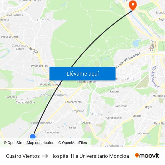 Cuatro Vientos to Hospital Hla Universitario Moncloa map