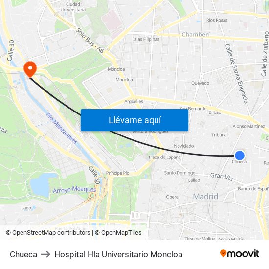 Chueca to Hospital Hla Universitario Moncloa map