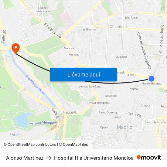 Alonso Martínez to Hospital Hla Universitario Moncloa map