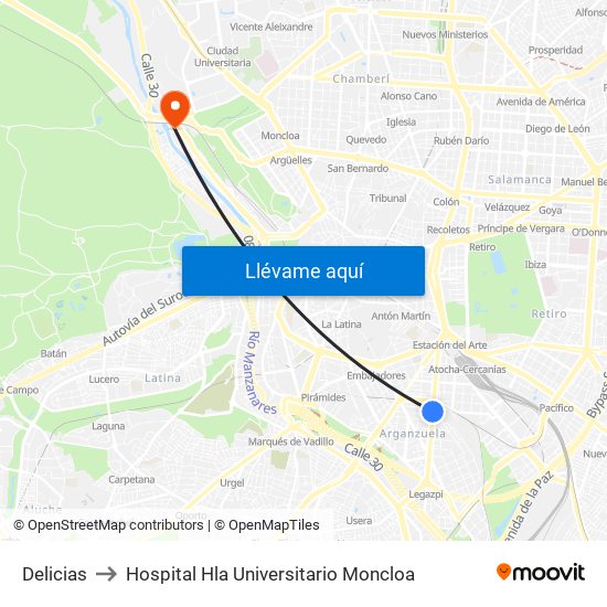 Delicias to Hospital Hla Universitario Moncloa map