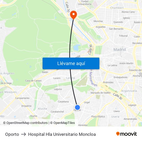 Oporto to Hospital Hla Universitario Moncloa map