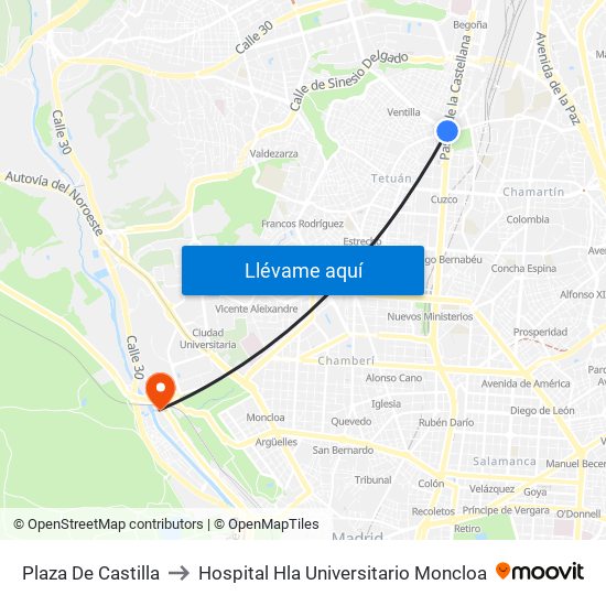 Plaza De Castilla to Hospital Hla Universitario Moncloa map