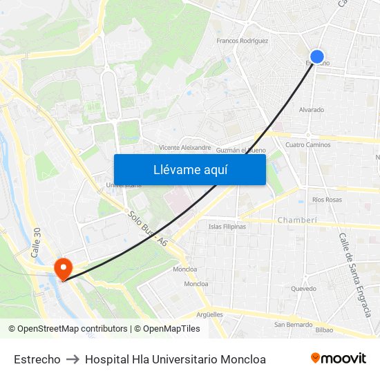 Estrecho to Hospital Hla Universitario Moncloa map