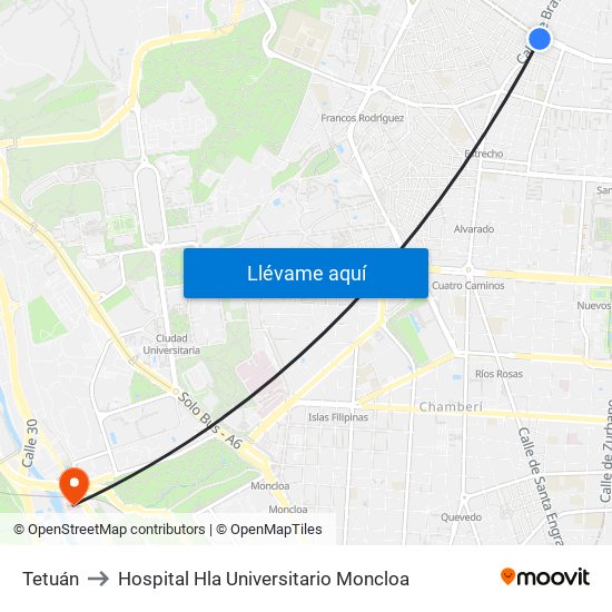 Tetuán to Hospital Hla Universitario Moncloa map
