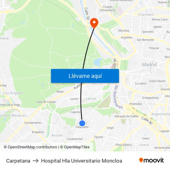 Carpetana to Hospital Hla Universitario Moncloa map
