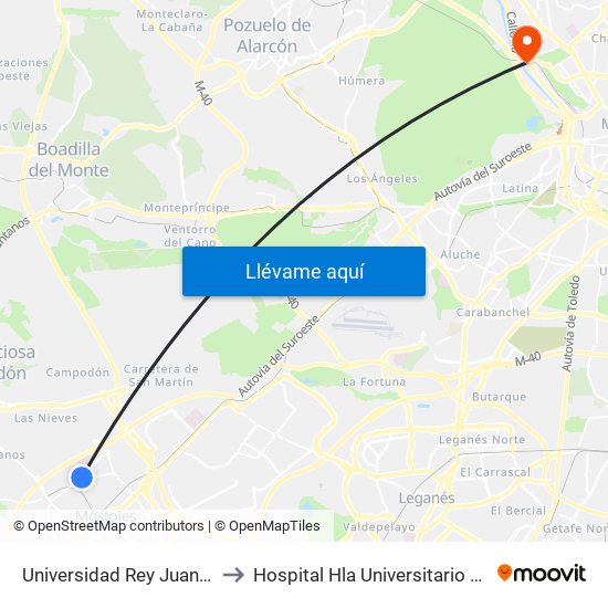 Universidad Rey Juan Carlos to Hospital Hla Universitario Moncloa map