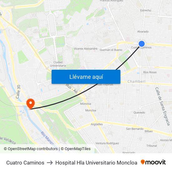 Cuatro Caminos to Hospital Hla Universitario Moncloa map