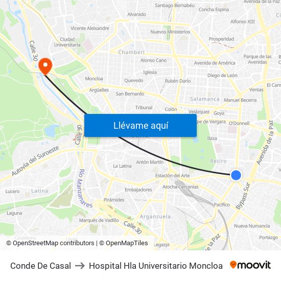 Conde De Casal to Hospital Hla Universitario Moncloa map