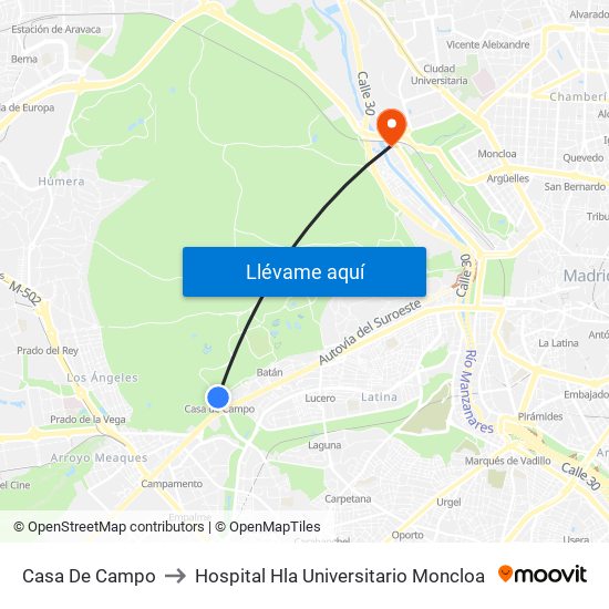 Casa De Campo to Hospital Hla Universitario Moncloa map