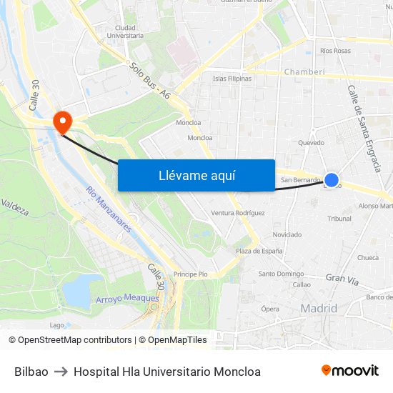 Bilbao to Hospital Hla Universitario Moncloa map