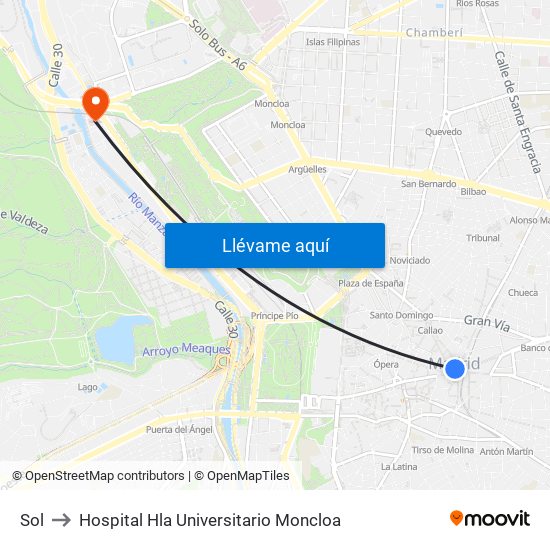 Sol to Hospital Hla Universitario Moncloa map