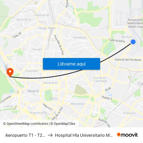 Aeropuerto T1 - T2 - T3 to Hospital Hla Universitario Moncloa map