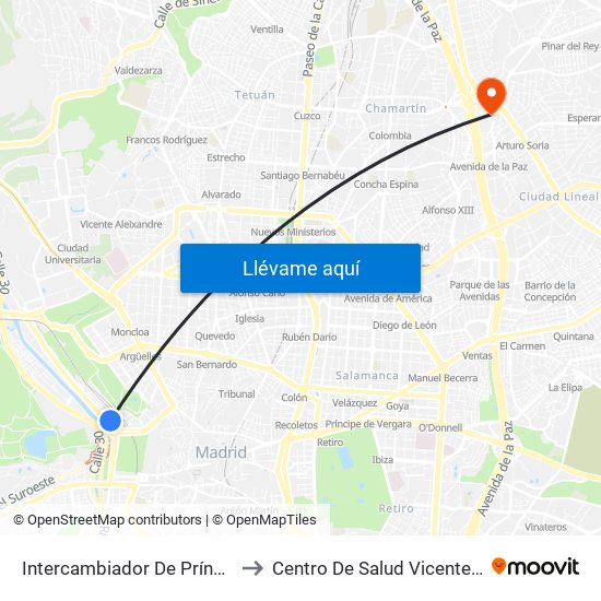 Intercambiador De Príncipe Pío to Centro De Salud Vicente Muzas map
