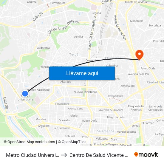 Metro Ciudad Universitaria to Centro De Salud Vicente Muzas map