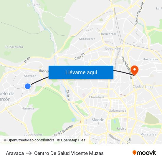 Aravaca to Centro De Salud Vicente Muzas map